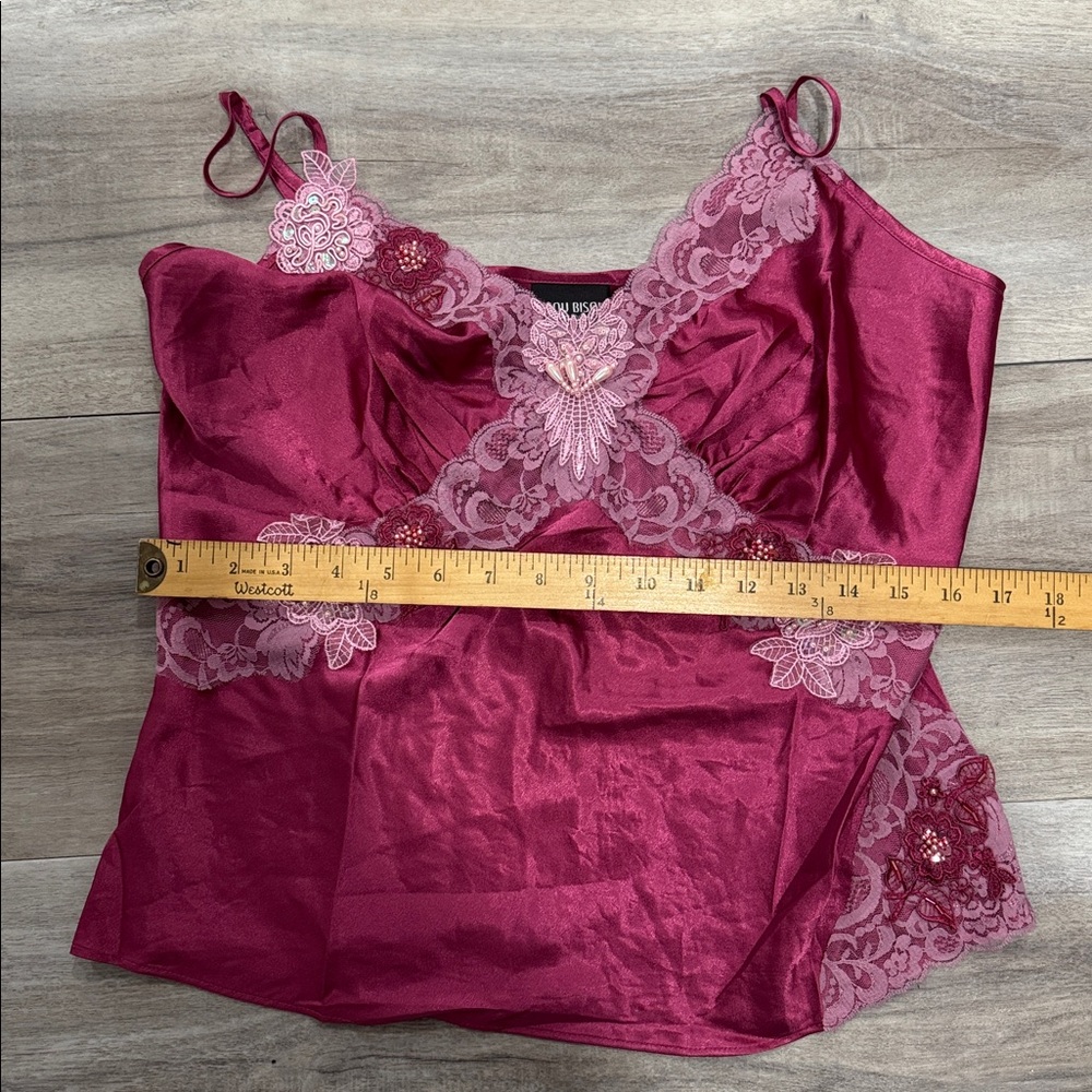 Bisou Bisou Vintage Camisole -Sz 12-Fairy Mermaidcore Satin Lace Beaded Top Y2K - Picture 10 of 12